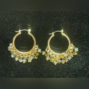 Statement Gold Hoops with Clear/Blue Gemstone Reflective Drop